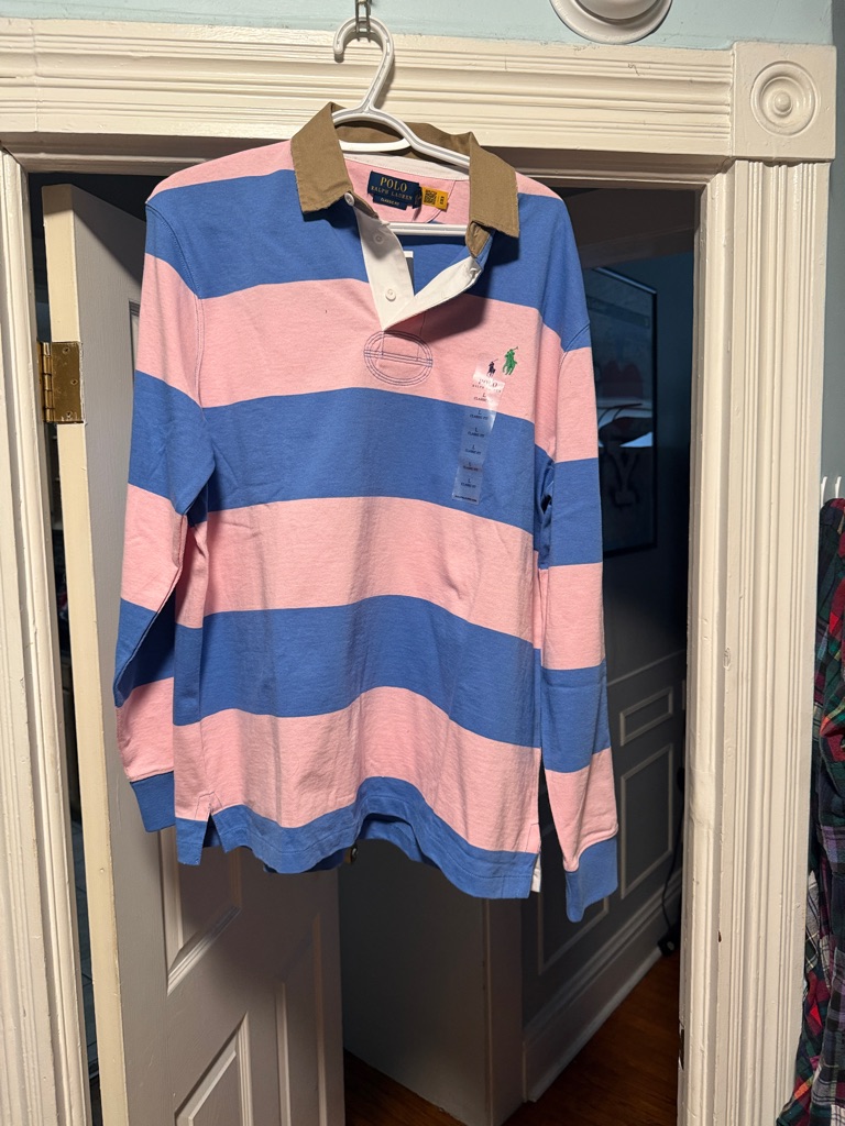 Polo By Ralph Lauren Pink & Blue Striped Rugby Shirt With Tan Collar